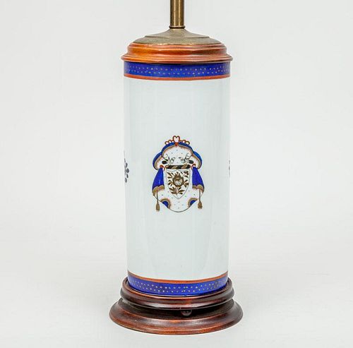 Chinese Export Armorial Porcelain Cylindrical Vase, Mounted as a Lamp