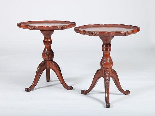Pair of Asian Inspired Carved Hardwood Tripod Tables