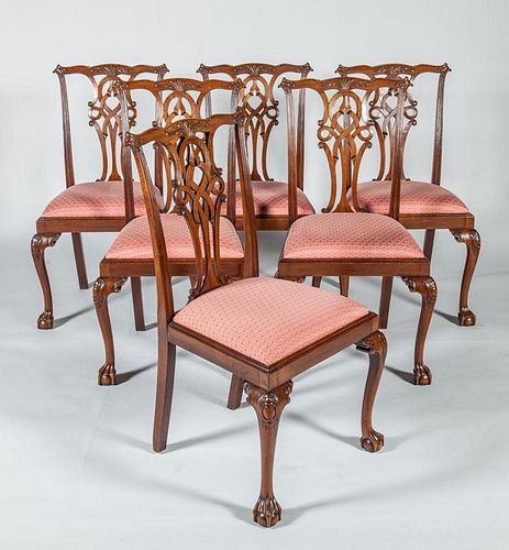 Set of Six George III Style Carved Mahogany Dining Chairs, Modern