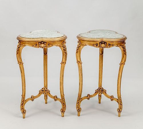 Pair of Louis XV Style Carved Giltwood and Vert De Campan Marble Clover-Shaped Guéridons