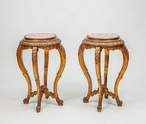 Pair of Louis XV Carved Giltwood and Rouge De Maine Marble Guéridons