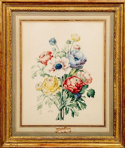 In the Style of Pierre-Joseph Redouté (1759-1840): Carnations; Hollyhocks; and Bouquet