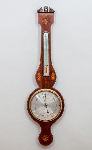 George III Conch Shell-Inlaid Mahogany Wheel Barometer / Thermometer