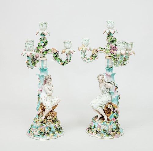 Pair of Dresden Porcelain Floral-Encrusted Four-Light Candelabra