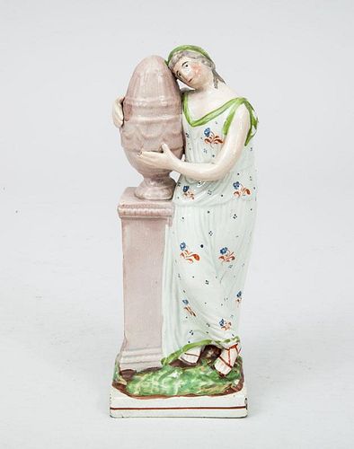 English Pearlware Mourning Figure of a Classical Female Embracing an Urn on Pedestal