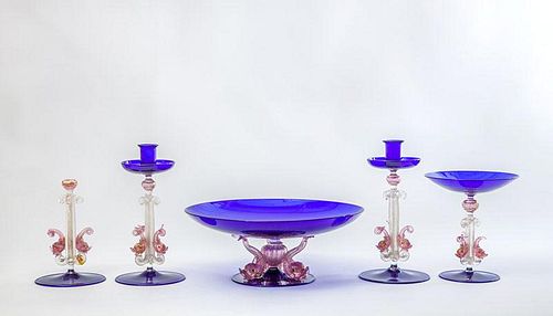 Venetian Blue Glass Four-Piece Table Set