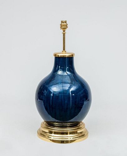 Blue-Glazed Ovoid-Form Pottery Lamp