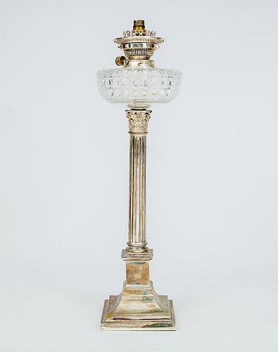 Silvered-Metal Column-Form Oil Lamp with Cut-Glass Oil Bowl
