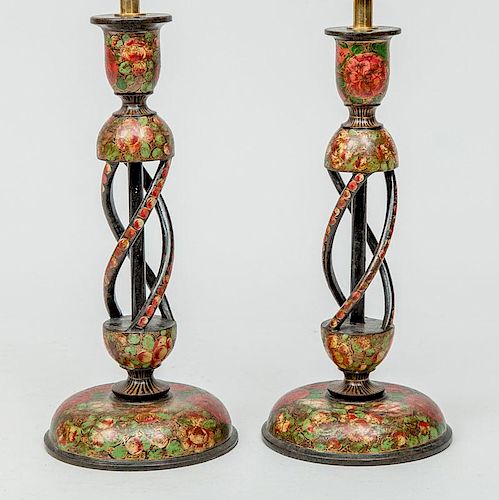 Two Similar Kashmiri Floral-Decorated Black Lacquer Candlesticks, Mounted as Lamps