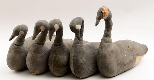 Group of Five Gauze-on-Straw Figures of Geese