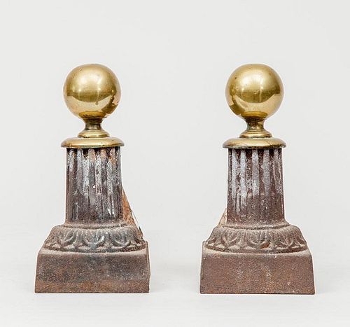 Pair of Wrought-Iron Fire Dogs with Brass Ball Finials
