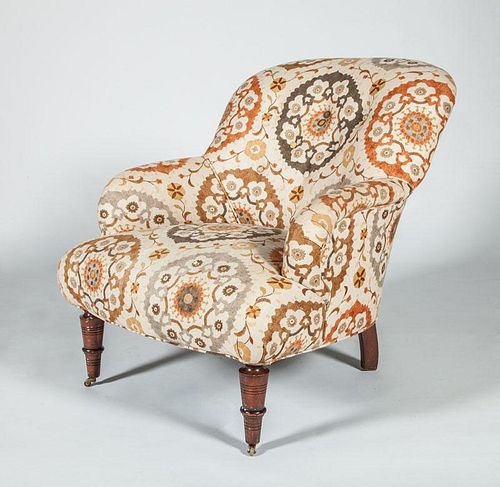 Victorian Style Linen-Upholstered Armchair