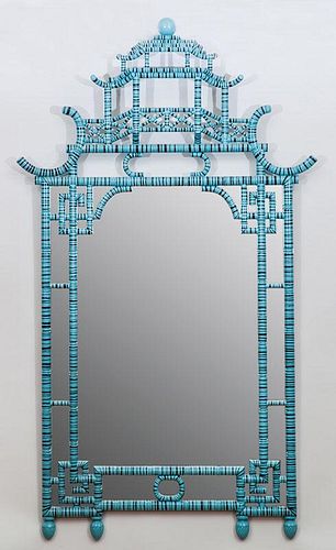 Chinese Chippendale Style Black-Striped and Blue Painted Faux Bamboo Pagoda Mirror