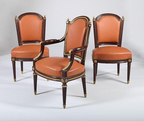 Louis XVI Style Gilt-Metal-Mounted Mahogany Fauteuil en Cabriolet and a Pair of Chaises en Suite