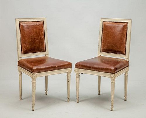 Pair of Louis XVI Style Painted Leather Upholstered Side Chairs
