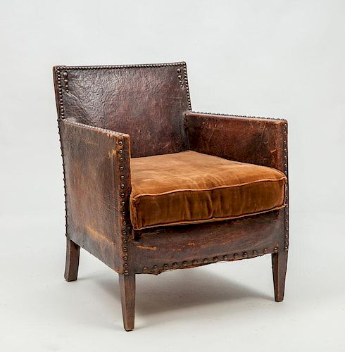 Brass-Studded Leather Upholstered Armchair