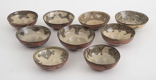 Group of Nine Ecuadorian Painted Pottery Bowls
