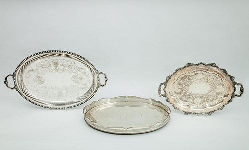 English Silver-Plated Oval Galleried Tray and Two Silver-Plated Two-Handled Trays