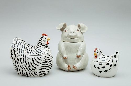 Fitz and Floyd Pottery Hen-Form Jar and Cover, a Pig-Form Jar and Cover, and Another Hen-Form Jar and Cover