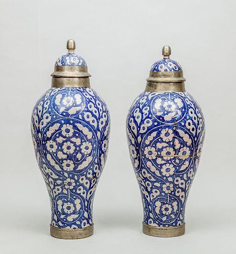 Pair of Large Middle Eastern Style Blue and White Glazed Pottery Jars and Covers