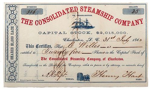 The Consolidated Steamship Company of Charleston, Confederate Blockade Runner Bond, 1863 