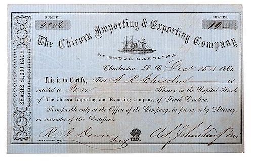 Chicora Importing & Exporting Company of South Carolina, Confederate Blockade Runner Bond, 1861 