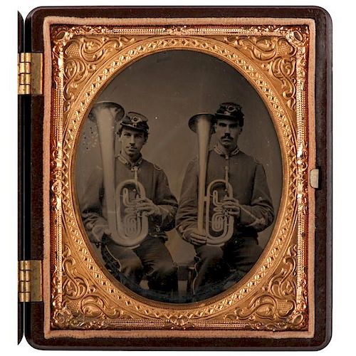 Sixth Plate Tintype of Two Army Bandmen with Instruments 