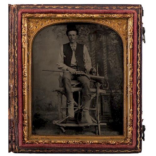 Sixth Plate Tintype of Possible Civil War Veteran with Colt Revolving Rifle 