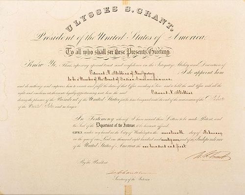 Ulysses S. Grant Presidential Signed Appointment for Edwin Stebbins, Member of Board of Indiana Commissioners, February 1877 