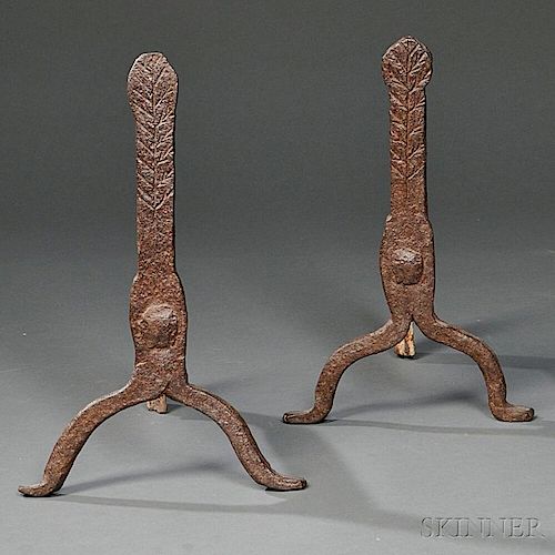 Pair of Small Cast Iron Andirons with Tree Decoration, (169)