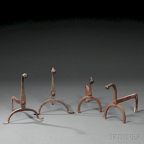 Two Pairs of Small Wrought Iron Gooseneck Andirons
