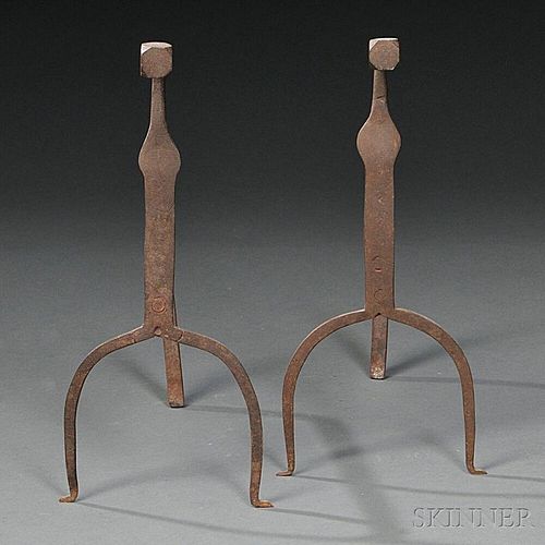 Pair of Signed Small Wrought Iron Gooseneck Andirons, (166)
