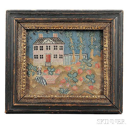 Needlework Picture Showing a House with Woman