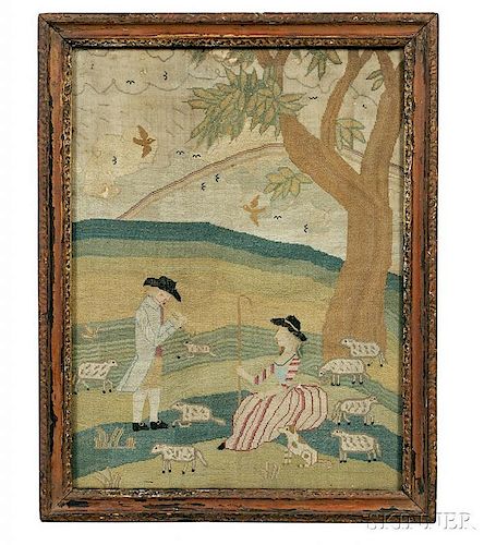 Needlework Picture Showing a Shepherd and Shepherdess with Their Flock