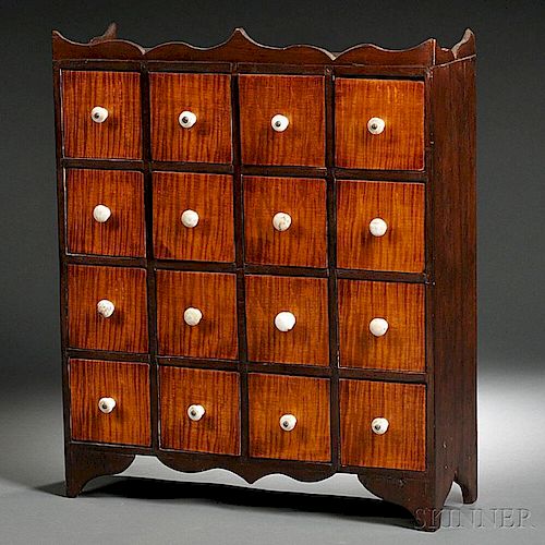 Small Walnut and Tiger Maple Chest of Sixteen Drawers