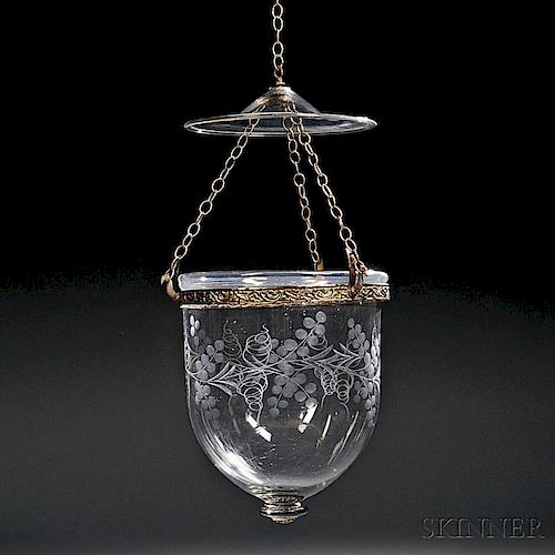 Blown Wheel-etched Colorless Glass and Brass Hall Candle Lantern