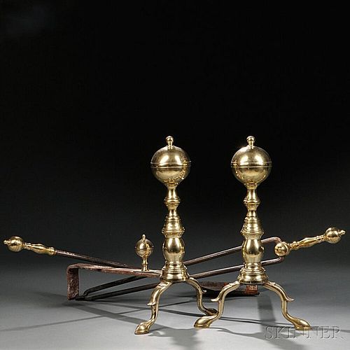 Pair of Brass and Iron Belted Ball-top Andirons and Two Matching Tools
