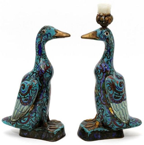 CHINESE CLOISONNE DUCK CANDLESTICKS TWO