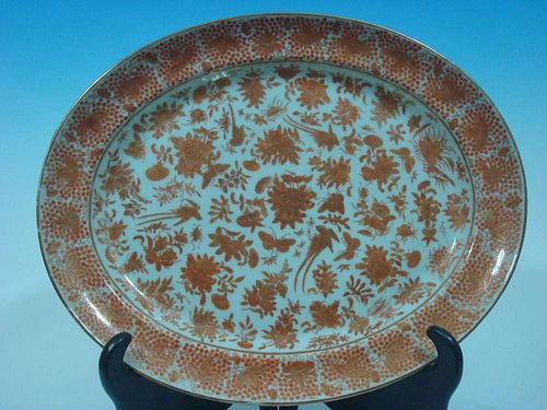 ANTIQUE Chinese Sacred Birds Orange Platter, 18 1/2" L. early 19th Century