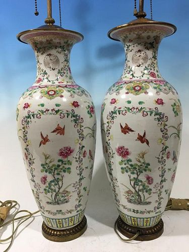 ANTIQUE Chinese Pair Famille Rose Vase Lamps, 18th Century, Vase itself 18" high