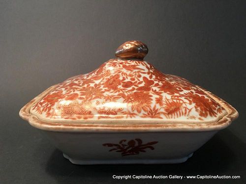 ANTIQUE Chinese Orange Sacred Birds Covered Bowl, Ca 1810
