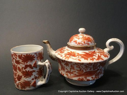 ANTIQUE Chinese Orange Sacred Birds Mug and Teapot, Ca 1810
