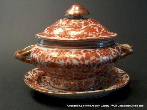 ANTIQUE Chinese Orange Sacred Birds Covered Tureen with Tray, Ca 1810