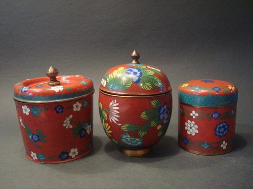 ANTIQUE Chinese Cloisonne Tea boxes, 19th C, Largest 5" H x 4" diameter.