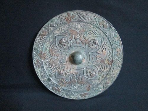 ANTIQUE Chinese Bronze Mirror with double birds and Buddha. 18.50 cm