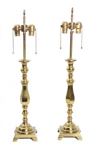 A Pair of Brass Table Lamps Height 28 1/2 inches (overall)