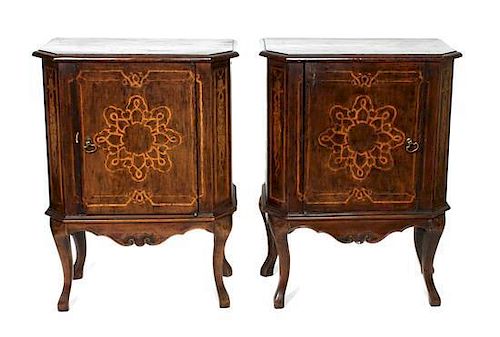 A Pair of Continental Inlaid Wood Side Cabinets Height 35 1/2 x width 26 1/2 x depth 13 1/4 inches