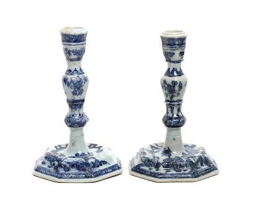 A Pair of Chinese Blue and White Porcelain Candlesticks Height 7 1/2 inches