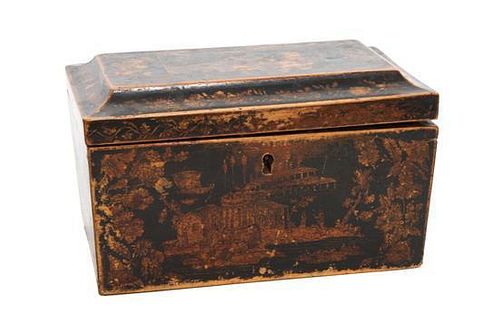 A Chinese Lacquered Wood Tea Caddy Height 5 1/2 x width 5 1/2 x length 8 1/4 inches