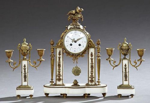 Gilt Bronze and Marble Three-Piece Clock Set, c. 1